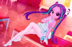 Size: 2694x1752 | Tagged: safe, alternate version, artist:charliexe, derpibooru import, aria blaze, human, siren, equestria girls, g4, 2d, bangs, bare shoulders, belly, belly button, breasts, cleavage, clothes, disguise, disguised siren, dress, female, image, indoors, jpeg, leggings, legwear, lip gloss, looking at you, pigtails, ribbon, shoes, sitting, smiling, smiling at you, solo, twintails, wedding dress