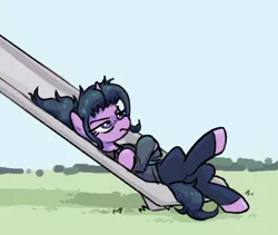 Size: 700x591 | Tagged: safe, artist:plunger, derpibooru import, oc, unofficial characters only, pony, unicorn, angry, clothes, crossed hooves, drawthread, female, horn, image, lying down, mare, no nostrils, on back, png, purple coat, purple eyes, simple background, slide, solo