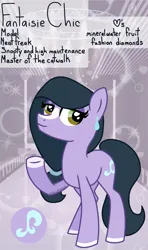 Size: 1284x2173 | Tagged: safe, artist:edgelordhedgelord, derpibooru import, oc, oc:fantaisie chic, unofficial characters only, earth pony, pony, body markings, ear piercing, earring, female, image, jewelry, mare, model, piercing, png, ponytail, reference sheet, show accurate, snooty, solo, standing, tall