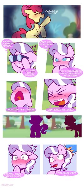 Size: 1000x2221 | Tagged: safe, artist:trash art, derpibooru import, apple bloom, diamond tiara, earth pony, pony, comic:sweet apple, g4, binoculars, comic, diamondbloom, female, filly, foal, gritted teeth, image, jpeg, lesbian, shipping, spanish, teeth