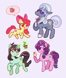 Size: 1676x1975 | Tagged: safe, artist:bellekieran, derpibooru import, apple bloom, hoity toity, sprout greenhoof, sugar belle, earth pony, pony, unicorn, g4, apple, artist name, bow, cupcake, female, filly, foal, food, full body, hair bow, horn, image, las pegasus resident, light purple background, looking at you, magic, male, mare, multiple girls, pink bow, plant, plant pot, png, simple background, smiling, spoken food, stallion, telekinesis