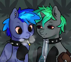 Size: 2900x2500 | Tagged: safe, derpibooru import, oc, oc:lydwyn, oc:proffy floyd, pegasus, pony, unicorn, bong, chill, choker, colored, colored mane, cute, dark background, digital art, drawing, drug use, drugs, duo, ear piercing, gradient mane, high, horn, image, joint, leaf pattern, lidded eyes, male, marijuana, piercing, png, relaxed, repeating pattern, shading, smiling, smirk, smoking, spiked choker, stoned, two toned