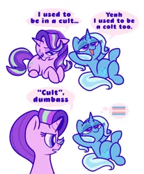 Size: 1694x2048 | Tagged: safe, artist:kyrakupetsky, derpibooru import, starlight glimmer, trixie, pony, unicorn, g4, dialogue, duo, duo female, female, floppy ears, forced meme, hooves behind head, horn, image, implied dumbass, jpeg, lying down, mare, meme, on back, open mouth, open smile, pride, pride flag, prone, simple background, smiling, thought bubble, trans trixie, transgender, white background