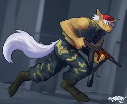 Size: 3900x3212 | Tagged: safe, artist:falopaxy, derpibooru import, oc, oc:brassjack, anthro, unicorn, ak-47, assault rifle, gun, horn, image, male, png, rifle, solo, weapon