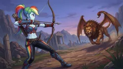 Size: 2752x1536 | Tagged: safe, ai generated, generator:flux.2 klein 9b, generator:nanobanana, rainbow dash, human, manticore, equestria girls, g4, action pose, aiming a weapon, alternate universe, armor, arrow (weapon), bow, dagger, fantasy, female, fight, image, jpeg, midriff, prompter:siber, solo, strategically placed seam, unconvincing armor, weapon