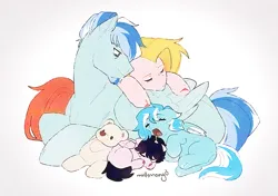 Size: 1531x1079 | Tagged: safe, artist:mint1mango, derpibooru import, oc, oc:grapefruit, oc:marcus wolf, oc:marina wolf, oc:sebas wolf, unofficial characters only, pegasus, pony, cuddling, cute, digital art, family, female, foal, heartwarming, image, lineless, male, mare, parent and child, pastel colors, peaceful, plushie, png, simple background, sleeping, sleepy, stallion, teddy bear, wholesome, wings
