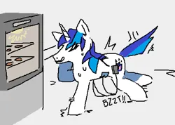 Size: 868x619 | Tagged: safe, artist:angelnet_ide, derpibooru import, shining armor, pony, unicorn, g4, ><, baking, cookie, eyes closed, food, gritted teeth, horn, image, labor simulator, male, oven, png, solo, stallion, sweat, teeth
