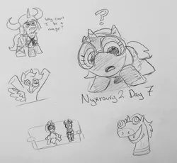 Size: 2048x1887 | Tagged: safe, artist:pony quarantine, derpibooru import, oc, oc:dyx, oc:nyx, unofficial characters only, alicorn, pony, couch, cute, duo, duo female, female, filly, foal, grayscale, helmet, hooves in air, horned helmet, image, jpeg, looking at you, monochrome, nyxruary, open mouth, open smile, pencil drawing, question mark, siblings, sisters, sitting, smiling, sock puppet, solo focus, traditional art