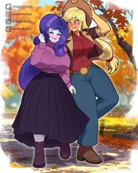 Size: 3240x4050 | Tagged: safe, artist:masterdestroyzj, derpibooru import, applejack, rarity, human, equestria girls, g4, afternoon, applejack's hat, autumn, bangs, belt, belt buckle, bench, big breasts, blue eyeshadow, blush lines, blushing, boots, breasts, busty applejack, busty rarity, cleavage, clothes, collar, cowboy boots, cowboy hat, denim, diamond, duo, eyebrows, eyebrows visible through hair, eyes closed, eyeshadow, female, freckles, hairpin, hat, holding hands, huge breasts, human female, image, instagram, jeans, jpeg, lesbian, long hair, long sleeved shirt, long sleeves, makeup, open mouth, open smile, outdoors, pants, park, park bench, patreon, rarijack, shipping, shirt, shoes, short sleeves, skirt, smiling, tiktok, vest, wide hips, xitter
