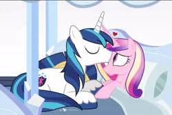 Size: 568x382 | Tagged: safe, artist:dm29, derpibooru import, princess cadance, shining armor, alicorn, pony, unicorn, g4, bed, cute, duo, duo male and female, eyes closed, female, forehead kiss, heart, horn, image, jpeg, kissing, looking at someone, male, mare, morning ponies, on bed, pillow, romance, romantic, shiningcadance, shipping, sick, stallion, straight