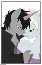 Size: 3588x5425 | Tagged: suggestive, artist:ruchiyoto, oc, oc:black cross, oc:blazey sketch, unofficial characters only, anthro, pegasus, unicorn, comic:black cross x blazey sketch, big breasts, breasts, clothes, duo, duo male and female, female, grabbing breast, image, imminent sex, jpeg, looking down, male, smiling, sweater