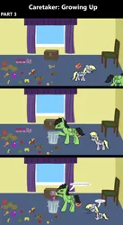 Size: 1920x3516 | Tagged: safe, artist:platinumdrop, derpibooru import, derpy hooves, oc, oc:anonstallion, pegasus, pony, comic:caretaker: growing up, series:caretaker, g4, 3 panel comic, annoyed, ball, bedroom, blanket, blocks, box, caretaker, chair, comic, commission, curtains, dialogue, disapproval, duo, duo male and female, female, filly, filly derpy hooves, foal, folded wings, hoof hold, image, indoors, looking at someone, looking at something, looking down, male, messy room, onomatopoeia, open mouth, plushie, png, room, scolding, series, sitting, sniffling, sound effects, speech bubble, spread wings, stallion, stern, stubble, talking, teary eyes, teddy bear, toy, toy train, trash can, wall of tags, window, wings, wings down, younger