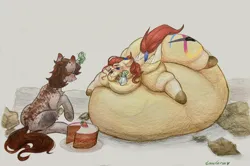 Size: 3936x2609 | Tagged: suggestive, artist:toasterus, derpibooru import, oc, oc:paper cream, oc:toasterus, unofficial characters only, pegasus, pony, unicorn, belly, belly bed, big belly, cake, fat, feeding, food, horn, huge belly, image, immobile, impossibly large belly, impossibly obese, morbidly obese, obese, png, size difference