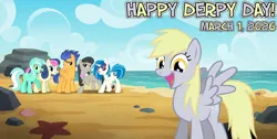 Size: 2064x1037 | Tagged: safe, artist:bluemeganium, artist:kooner-cz, artist:kuren247, artist:not-yet-a-brony, artist:noxwyll, artist:shelmo69, artist:tardifice, artist:willdrawforfood1, derpibooru import, bon bon, derpy hooves, flash sentry, lyra heartstrings, octavia melody, vinyl scratch, earth pony, pegasus, pony, unicorn, equestria daily, g4, 2026, beach, cloud, derpy day, female, friends, friendship, group shot, horn, image, lyrics in the description, male, march, mare, ocean, png, rock, smiling, song in the description, song reference, stallion, water, youtube link in the description