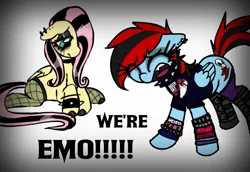 Size: 1200x826 | Tagged: safe, artist:toastyghostea, artist:wishingscarf, derpibooru import, fluttershy, rainbow dash, pegasus, pony, g4, american idiot, bracelet, choker, chokershy, clothes, duo, duo female, dyed mane, dyed tail, ear piercing, earring, emo, emodash, emoshy, equestrian idiot, eyebrows, eyebrows visible through hair, eyeliner, eyeshadow, fangs, female, fishnet clothing, fishnets, gradient background, green day, image, jewelry, jpeg, kandi, legwear, makeup, meme, parody, piercing, punk, rawr, shirt, shoes, simple background, skull, socks, spiked choker, stockings, t-shirt, tail, thigh highs, wall of tags, we're emo