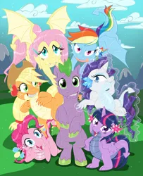 Size: 895x1102 | Tagged: safe, artist:shalonesk, derpibooru import, applejack, fluttershy, pinkie pie, rainbow dash, rarity, spike, twilight sparkle, ponified, dragon, pony, g4, age progression, age regression, age swap, baby, baby dragon, dragoness, dragonified, dragonjack, female, flutterdragon, image, jpeg, lightly watermarked, male, mane seven, mane six, my little x, older, older spike, pinkiedragon, ponified spike, rainbow dragon, raridragon, role reversal, species swap, stallion, twilidragon, watermark, younger