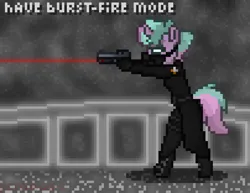 Size: 1010x780 | Tagged: safe, alternate version, artist:femrade, derpibooru import, oc, unofficial characters only, anthro, unguligrade anthro, unicorn, pony town, abstract background, aiming, anthro oc, cloak, clothes, digital art, female, fighting stance, futuristic, gas mask, gun, handgun, holding a gun, horn, image, laser sight, mask, pistol, pixel art, png, profile, respirator, science fiction, solo, standing, tactical, unicorn oc, weapon