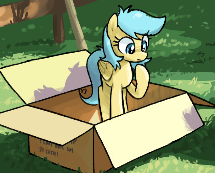 Size: 683x552 | Tagged: safe, artist:plunger, derpibooru import, oc, oc:boxfilly, unofficial characters only, pegasus, pony, box, catchlights, closed mouth, eye clipping through hair, eyes open, female, fence, filly, foal, folded wings, grass, hoof under chin, image, looking down, no nose, outdoors, pegasus oc, png, ponified animal photo, pony in a box, raised hoof, solo, standing, standing on three hooves, text, wings