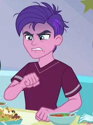 Size: 379x512 | Tagged: safe, ai generated, generator:gemini, peacock plume, oc, oc:gemini, human, equestria girls, angry, background human, chips, fist, food, image, low effort, messy eating, nachos, png, soup, sports outfit, tearing, tomato, tomato soup