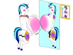 Size: 1024x768 | Tagged: safe, artist:monotreme-123, derpibooru import, edit, part of a set, shining armor, anthro, unguligrade anthro, unicorn, g4, abs, alternate universe, armor, belly, belly blush, biceps, big belly, bloated, breastpl, breasts, clothes, comparison, delicious flat chest, fat, female, floppy ears, food baby, gleaming shield, helmet, horn, image, jpeg, loincloth, mirror, musclegut, muscles, muscular female, onomatopoeia, pecs, photo, reflection, royal guard, rule 63, self conscious, spear, stomach noise, stuffed, stuffed belly, weapon
