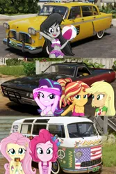 Size: 1920x2880 | Tagged: suggestive, artist:charliexe, artist:thomasxzafran, edit, editor:thomasxzafran, applejack, fluttershy, octavia melody, pinkie pie, starlight glimmer, sunset shimmer, equestria girls, breasts, busty applejack, busty fluttershy, busty octavia, busty octavia melody, busty pinkie pie, busty starlight glimmer, busty sunset shimmer, clothes, cruise outfit, frilled swimsuit, image, jpeg, mafia, mafia iii, octavia's beach shorts swimsuit, pickup truck, swimming trunks, swimsuit, taxi, van, yoga