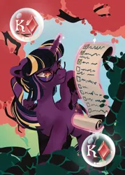 Size: 916x1280 | Tagged: safe, artist:vittatary, derpibooru import, part of a set, twilight sparkle, twilight sparkle (alicorn), alicorn, pony, g4, alternate design, checklist, female, floppy ears, glasses, image, jpeg, king of diamonds, levitation, looking at something, magic, mare, one wing out, playing card, ponytail, scroll, solo, telekinesis, wings