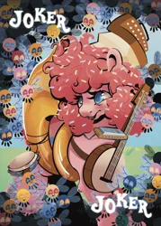 Size: 1240x1732 | Tagged: safe, artist:vittatary, derpibooru import, part of a set, pinkie pie, parasprite, pony, g4, accordion, banjo, cymbals, female, harmonica, image, joker, mare, musical instrument, open mouth, open smile, playing card, png, smiling, solo, sprinkles in mane, tube