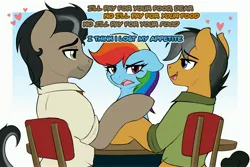 Size: 3600x2400 | Tagged: safe, artist:czu, derpibooru import, doctor caballeron, quibble pants, rainbow dash, earth pony, pegasus, pony, g4, crack shipping, dialogue, female, floating heart, floppy ears, gay, gay in front of girls, heart, holding hooves, image, jpeg, looking at each other, looking at someone, male, open mouth, open smile, quibblaron, rainbow dash is not amused, shipping, smiling, unamused