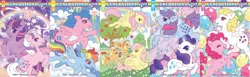 Size: 4995x1533 | Tagged: safe, artist:celesse, derpibooru import, idw, applejack, applejack (g1), firefly, fluttershy, pinkie pie, posey, rainbow dash, rarity, sparkler (g1), surprise, twilight sparkle, alicorn, earth pony, pony, unicorn, g1, g4, my little pony: generations, apple, apple tree, applebucking, applejack's hat, balloon, bow, cloth, cloud, confetti, cottagecore, cowboy hat, duality, duo, duo female, female, food, g4 to g1, gemstones, generation leap, generational ponidox, generations #1, generations #2, generations #3, generations #4, generations #5, glow, glowing horn, hat, horn, image, mare, my little pony logo, png, rainbow, sewing needle, tail, tail bow, tree