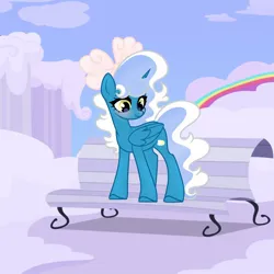 Size: 1500x1500 | Tagged: safe, artist:riofluttershy, derpibooru import, oc, oc:fleurbelle, unofficial characters only, alicorn, pony, alicorn oc, bench, blushing, bow, cloud, female, hair bow, horn, image, jpeg, mare, pink bow, rainbow, sky, solo, tail, two toned hair, two toned mane, two toned tail, wings, yellow eyes