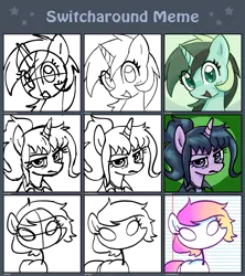 Size: 2500x2813 | Tagged: safe, artist:kabayo, artist:omelettepony, artist:plunger, derpibooru import, oc, oc:herbal remedy, oc:stickmare, unofficial characters only, pony, unicorn, :d, abstract background, angry, bags under eyes, blank eyes, blush lines, blushing, clothes, collaboration, colored pupils, eye clipping through hair, female, horn, image, looking at you, mare, open mouth, open smile, png, simple background, sketch, smiling, stick pony, stickmare, transparent background, unamused
