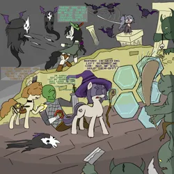 Size: 2000x2000 | Tagged: safe, artist:notawriteranon, derpibooru import, oc, oc:anon, oc:dot matrix, oc:floor bored, oc:goldie mops, oc:taku, earth pony, human, ogre, pony, armor, bleeding, blood, dialogue, eyebrows, eyebrows visible through hair, fantasy class, female, glasses, hair over eyes, image, katana, knife, lisp, magic, magic staff, male, mare, mouth hold, neet, png, round glasses, speech bubble, staff, sword, throwing knife, weapon