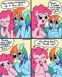 Size: 1080x1350 | Tagged: safe, artist:glompsalot, derpibooru import, pinkie pie, rainbow dash, earth pony, pegasus, pony, g4, bloodshot eyes, blushing, comic, dialogue, drug use, drugs, female, floating heart, heart, image, jpeg, mare, sitting, speech bubble, sweat, sweating profusely