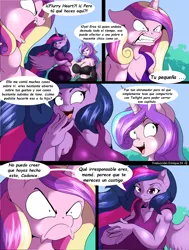 Size: 1480x1960 | Tagged: suggestive, artist:suirano, edit, editor:enrique zx, ponerpics import, ponybooru import, princess cadance, princess flurry heart, princess twilight 2.0, twilight sparkle, twilight sparkle (alicorn), alicorn, anthro, unguligrade anthro, comic:una última tentación, the last problem, ..., adult, adult flurry heart, angry, angry eyes, aunt, aunt and niece, belly button, boob window, bracelet, breasts, busty princess cadance, busty princess flurry heart, busty twilight sparkle, clothes, comic, dialogue, dress, dress open window, fangs, female, females only, horn, image, jewelry, long hair, long horn, long mane, looking at each other, milf, mother and child, mother and daughter, niece, older, older flurry heart, older princess cadance, older twilight, older twilight sparkle, older twilight sparkle (alicorn), parent and child, png, pony ears, ponybooru exclusive, screaming, siblings, sisters-in-law, spanish, spanish description, spanish text, speech bubble, talking, talking about sex, talking to each other, text, text bubbles, twimilf sparkle, yelling, yelling at someone