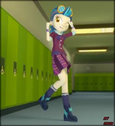 Size: 1312x1440 | Tagged: safe, artist:sky chaser, derpibooru import, indigo zap, human, equestria girls, g4, 3d, canterlot high, clothes, crystal prep academy uniform, image, lockers, png, school uniform, smiling, solo, source filmmaker