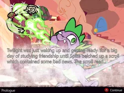 Size: 640x480 | Tagged: safe, artist:alethila, artist:rosadynamo, derpibooru import, spike, fighting is magic, g4, burp, cloud, fighting is magic aurora, fire, game, golden oak library, image, library, png, scroll, text