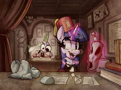 Size: 3739x2801 | Tagged: safe, artist:anontheanon, derpibooru import, spike, twilight sparkle, dragon, pony, unicorn, g4, brush, desk lamp, duo, duo male and female, eye clipping through hair, eyebrows, eyebrows visible through hair, female, fez, glasses, hat, horn, image, indoors, jpeg, lamp, levitation, looking back, magic, magnifying glass, male, mare, open mouth, open smile, scroll, smiling, statue, stone tablet, telekinesis, tikki, unicorn twilight