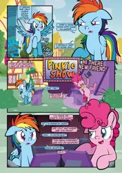 Size: 2482x3509 | Tagged: safe, artist:alexdti, derpibooru import, pinkie pie, rainbow dash, earth pony, pegasus, pony, comic:how we met, g4, angry, comic, female, filly, filly pinkie pie, filly rainbow dash, floppy ears, foal, folded wings, hat, image, pinkie being pinkie, png, ponyville, spread wings, talking, top hat, wings, younger