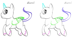 Size: 1595x811 | Tagged: safe, artist:kharmacal, derpibooru import, 2026, ambiguous gender, any species, base, colored lineart, folded wings, free to use, horn, image, leonine tail, looking back, partially transparent background, png, side view, smiling, tail, thick lineart, unshorn fetlocks, watermark, wings