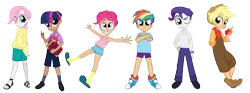 Size: 6322x2360 | Tagged: safe, artist:aysjee, derpibooru import, applejack, fluttershy, pinkie pie, rainbow dash, rarity, twilight sparkle, human, g4, applejack (male), bubble berry, butterscotch, childhood, dusk shine, elusive, humanized, image, mane six, png, rainbow blitz, rule 63, simple background, transparent background, younger