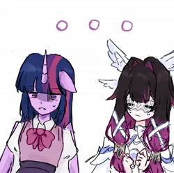 Size: 2048x2030 | Tagged: safe, artist:shell_s4, derpibooru import, twilight sparkle, human, g4, ..., columbina (genshin impact), crossover, duo, eared humanization, genshin impact, head wings, horn, horned humanization, humanized, image, jpeg, mask, pony coloring, simple background, sweat, white background, wings