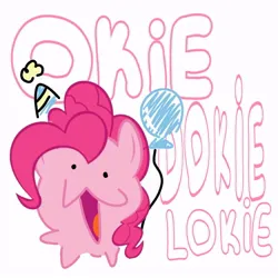 Size: 736x736 | Tagged: safe, artist:arte.retriever, derpibooru import, pinkie pie, g4, :3, balloon, chibi, curly mane, hat, image, jpeg, party hat, pink coat, pink mane, ponk, quote, simple background, solo, white background