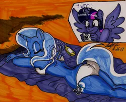 Size: 1304x1064 | Tagged: suggestive, artist:newyorkx3, derpibooru import, trixie, twilight sparkle, twilight sparkle (alicorn), alicorn, anthro, unicorn, g4, ass, assisted exposure, beach, bikini, bikini aside, breasts, butt, camera, clothes, clothing theft, female, glow, glowing horn, horn, image, jpeg, lesbian, lying down, magic, magic abuse, meme, shipping, spread wings, stripped by magic, sunscreen, swimsuit, swimsuit aside, swimsuit theft, the ass was fat, towel, traditional art, twixie, untied bikini, untying, wingboner, wings
