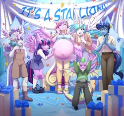 Size: 3869x3628 | Tagged: suggestive, artist:yumikori, derpibooru import, night light, princess cadance, princess celestia, princess flurry heart, shining armor, spike, twilight sparkle, twilight velvet, alicorn, anthro, dragon, unicorn, g4, baby shower, belly, big belly, cadance pregnant with shining armor, cadancepred, cake, chair, commissioner:reversalmushroom, crystal empire, family, female, fetish, food, good clean married vore, grandparent and grandchild, high res, horn, huge belly, image, implied shining armor, implied unbirthing, implied vore, impossibly large belly, in-laws, indoors, lucky bastard, male, marriage, married couple, married couples doing married things, open mouth, parent and child, party, png, pregdance, pregnant, raised hoof, romance, romantic, shiningcadance, shipping, smiling, standing, straight, unbirthing, vore, willing, willing vore