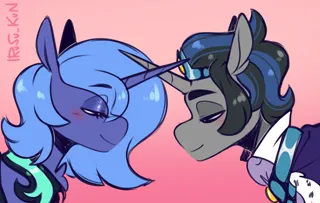 Size: 2883x1832 | Tagged: safe, artist:irusukunart, derpibooru import, king sombra, princess luna, alicorn, pony, unicorn, series:same setup different characters, g4, alternate universe, blushing, character swap, duo, eyebrows, eyebrows visible through hair, eyes closed, female, gradient background, horn, image, jewelry, male, mare, peytral, png, regalia, s1 luna, ship:lumbra, shipping, smiling, stallion, straight