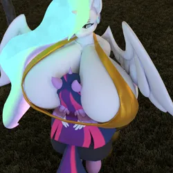 Size: 1920x1920 | Tagged: suggestive, artist:princesstwilight, derpibooru import, princess celestia, twilight sparkle, twilight sparkle (alicorn), alicorn, anthro, g4, 3d, absolute cleavage, big breasts, boob smothering, breasts, busty princess celestia, cleavage, collarbone, duo, duo female, female, females only, height difference, huge breasts, image, impossibly large breasts, jpeg, lesbian, outdoors, shipping, smothering, twilestia