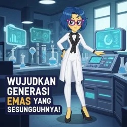 Size: 1024x1024 | Tagged: safe, ai generated, artist:gbgmedia, oc, oc:vignette glow, art pack:2020s century advertisement, art pack:iklan jadul indonesia, art pack:indonesia emas 2045, equestria girls, 2045, bahasa indonesia, female, image, implied gold generation 2045, indonesia, indonesian, jpeg, not a politic, science, science fiction, science labs, supercomputer