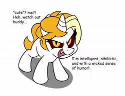 Size: 1142x882 | Tagged: safe, artist:unitxxvii, derpibooru import, oc, oc:dyx, unofficial characters only, alicorn, pony, colored sclera, dialogue, fangs, female, filly, foal, furrowed brow, image, jpeg, open mouth, open smile, simple background, smiling, solo, talking to viewer, white background, wingless, wingless alicorn