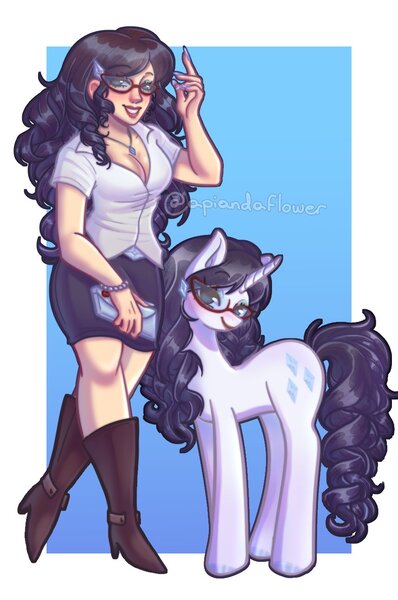 Size: 856x1290 | Tagged: safe, artist:apiandaflower, derpibooru import, rarity, human, pony, unicorn, g4, alternate hairstyle, bag, boots, bracelet, breasts, clothes, cute, duo, duo female, eyeshadow, female, glasses rarity, grin, handbag, high heel boots, horn, human ponidox, image, jewelry, jpeg, lipstick, makeup, mare, nail polish, necklace, raribetes, self paradox, self ponidox, shirt, shoes, skirt, smiling, unshorn fetlocks