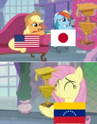 Size: 1292x1652 | Tagged: safe, derpibooru import, edit, edited screencap, screencap, applejack, fluttershy, rainbow dash, g4, non-compete clause, current events, eqg flag-tag meme, image, japan, my little pony, png, united states, venezuela, world baseball classic